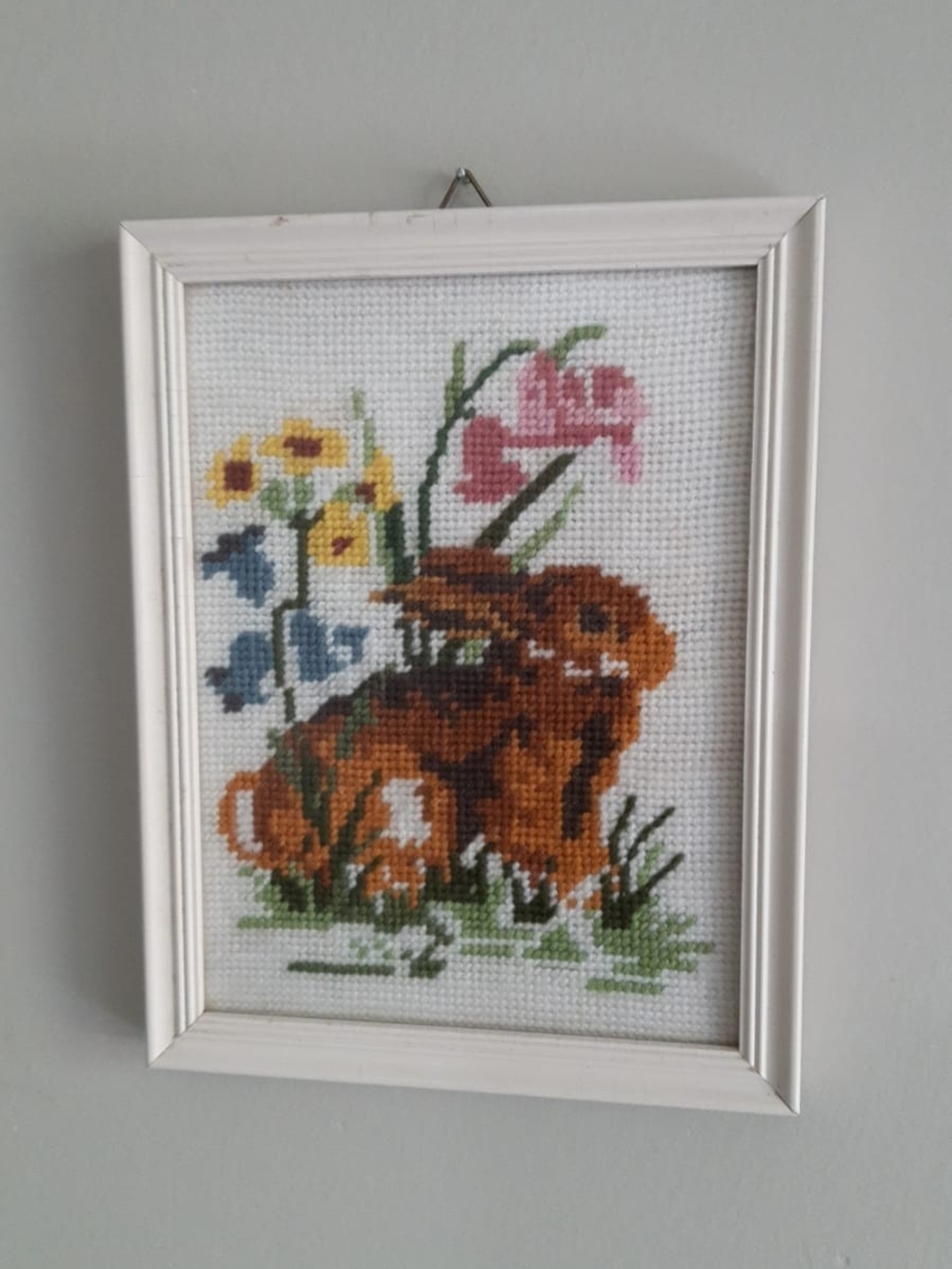 Vintage Framed Cross-Stitch Bunny with Flowers - Brown and Pastel Colors